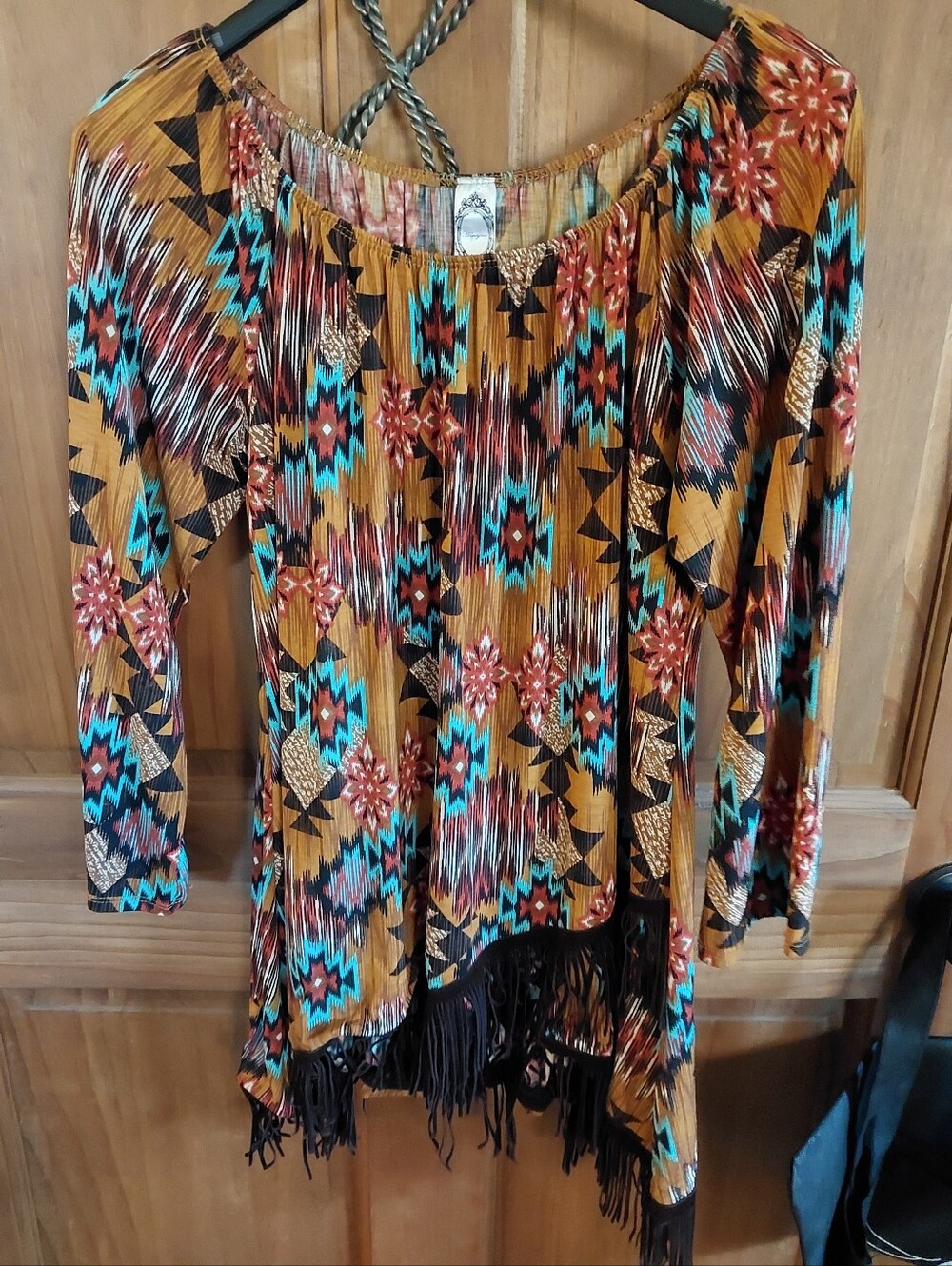 Honeyme Mustard and Turquoise Boho Fringe Tunic Honeyme